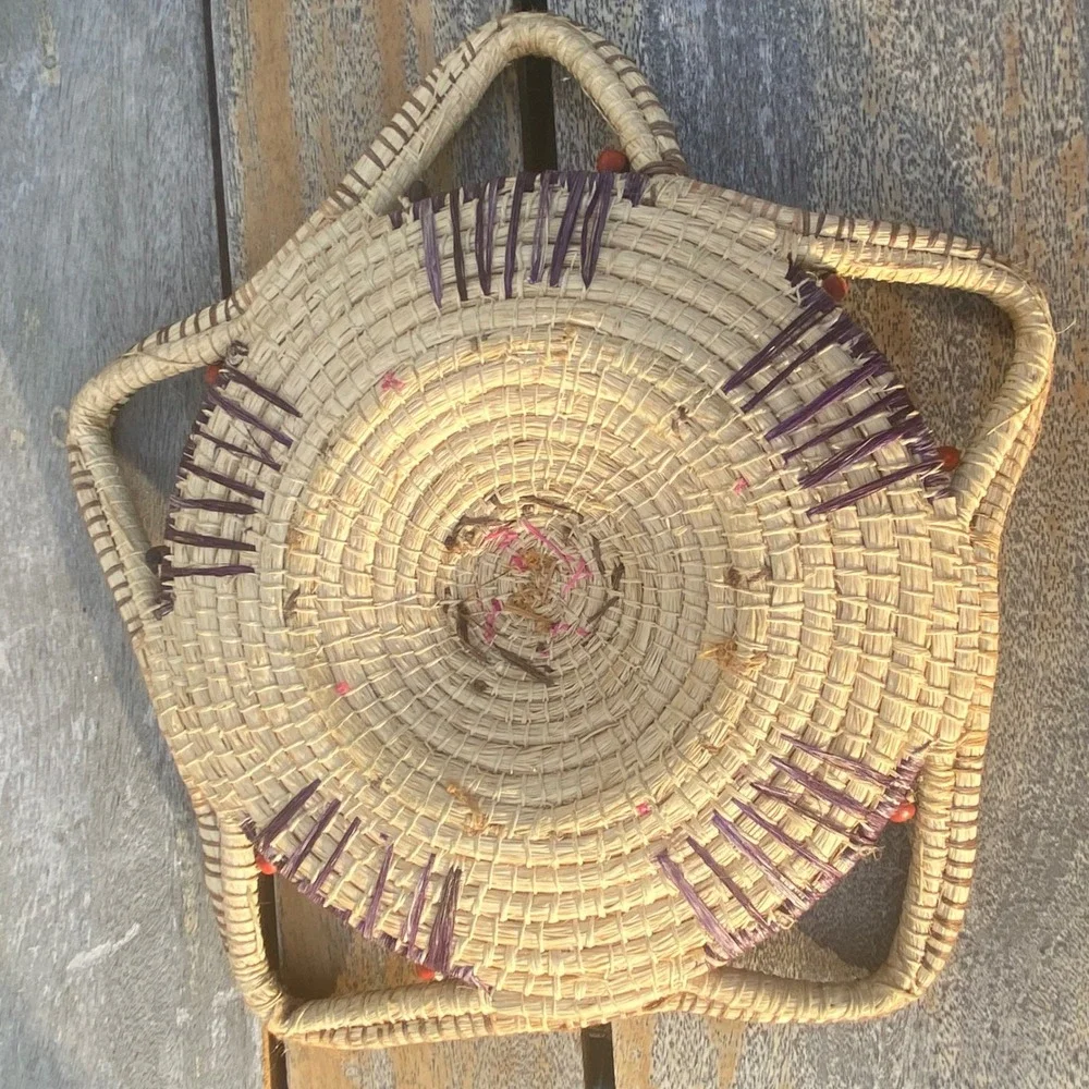 Handcrafted Woven Grass Star Basket Sunburst Wall Decor Boho Fiber Art Beads 14